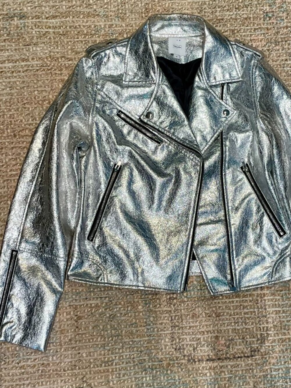 SEN Metallic Silver Womens Boutique Moto Jacket Medium EXCELLENT
